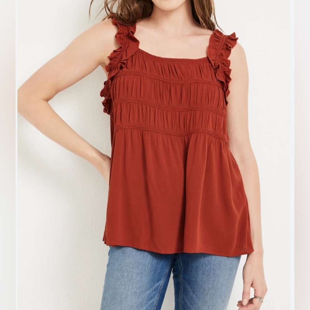 NWT Maurices Ruffle Babydoll Tank Top Boho Fairycore Vacation Rust Size 1X